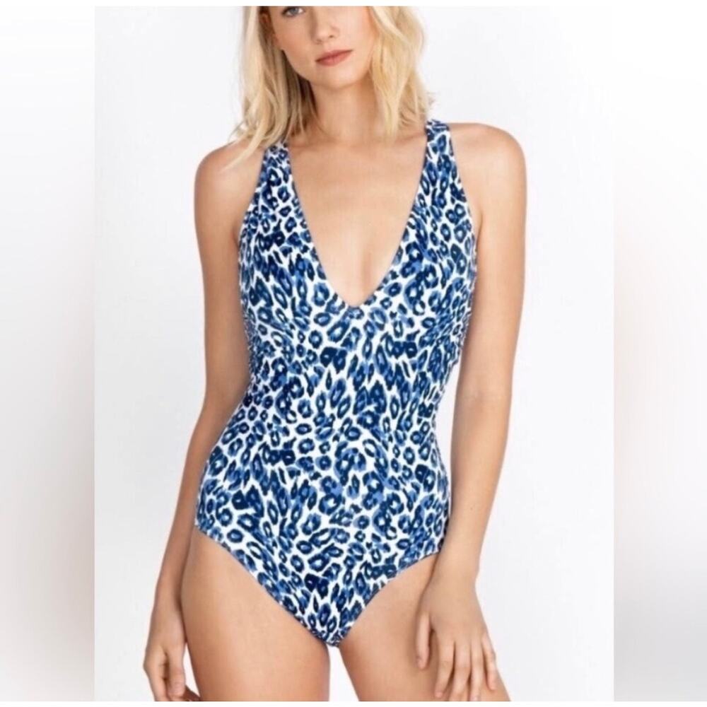 Johnny Was Calme Leopard Print One Piece Swimsuit Cross Back M NWT